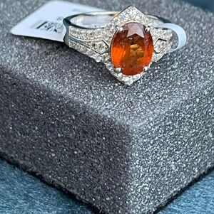 Hessonite and zircon stamped  Sterling silver ring Sz 8